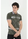 Erkek Yakalı Slim Fit Baskılı T-Shirt - Haki