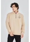 Erkek Yarım Fermuarlı Baskılı Sweat - Bej