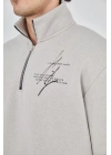 Erkek Yarım Fermuarlı Baskılı Sweat - Boyalı Gri