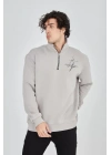 Erkek Yarım Fermuarlı Baskılı Sweat - Boyalı Gri