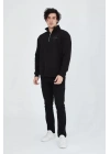 Erkek Yarım Fermuarlı Baskılı Sweat - Siyah