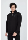 Erkek Yarım Fermuarlı Baskılı Sweat - Siyah