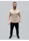 Erkek Yazlık Triko Dokuma Tişört Kısa Kol Polo Yaka T-Shirt - Bej