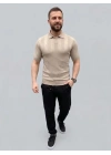 Erkek Yazlık Triko Dokuma Tişört Kısa Kol Polo Yaka T-Shirt - Bej