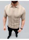 Erkek Yazlık Triko Dokuma Tişört Kısa Kol Polo Yaka T-Shirt - Bej