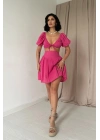 Fuşya Brode Crop Ve Mini Etek Takım