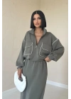Haki Biyeli Sweatshirt Ve Etek Takım