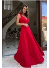 Kadın Askılı Omuzdan Bağlamalı Kruvaze Yakalı Uzun Yırtmaçlı Janjan Krep Elbise