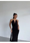 Kadın Boyun Aksesuarlı Halter Yaka Maxi Boy Sandy Kumaş Elbise
