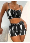 Kadın Büzgü Detay Askılı Cupsuz Crop Mini Tayt Ikili Takım