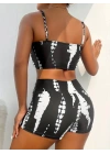 Kadın Büzgü Detay Askılı Cupsuz Crop Mini Tayt Ikili Takım