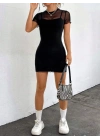 Kadın Ip Askılı Kısa Dalgıç Elbise Ve Kısa Kollu Tül Elbise Ikili Takım