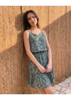 Kadın Ip Askılı V Yakalı Düğmeli Desenli Kısa Süprem Elbise