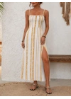 Kadın Ip Askılı Yırtmaçlı Desenli Uzun Süprem Elbise
