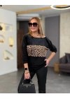 Kadın Kadife Kumaş Leopar Desenli Omuz Detay Uzun Kollu Bluz