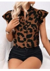 Kadın Kısa Fırfır Kollu V Yakalı Leopar Desenli Süprem Bluz