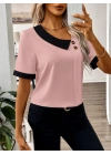 Kadın Kısa Kollu Asımetrik Yaka Detaylı Düğmeli Dubai Bluz