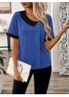 Kadın Kısa Kollu Asımetrik Yaka Detaylı Düğmeli Dubai Bluz