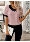 Kadın Kısa Kollu Asımetrik Yaka Detaylı Düğmeli Dubai Bluz
