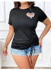 Kadın Kısa Kollu Bisiklet Yaka Kalp Taş Detaylı Viskon Bluz