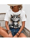 Kadın Kısa Kollu Bisiklet Yaka Kedi Baskılı Süprem Bluz