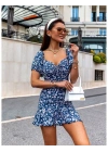 Kadın Kısa Kollu Kalp Yaka çiçek Desenli Krep Elbise