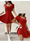 Kadın Kısa Kollu Kare Yaka Short Detaylı Cepli Dalgıç Elbise
