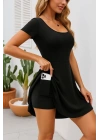 Kadın Kısa Kollu Kare Yaka Short Detaylı Cepli Dalgıç Elbise