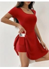 Kadın Kısa Kollu Kare Yaka Short Detaylı Cepli Dalgıç Elbise