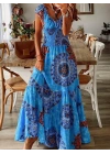 Kadın Kısa Kollu Kruvaze Yakalı Desenli Maksi Boy Süprem Elbise