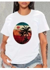Kadın Kısa Kollu Palmiye Baskılı Viskon T-shirt
