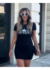 Kadın Kısa Kollu Queen Baskı Iki Iplik Mini Elbise