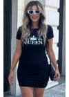 Kadın Kısa Kollu Queen Baskı Iki Iplik Mini Elbise
