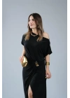 Kadın Kısa Kollu Tek Omuzdan Açık Beli Lastikli Sandy Maxi Elbise