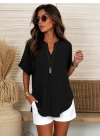 Kadın Kısa Kollu V Hakim Yakalı Uzun Bluz