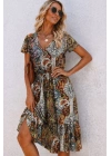 Kadın Kısa Kollu V Yakalı Beli Lastikli Midi Süprem Elbise