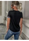 Kadın Kısa Kollu V Yakalı Düğmeli çok Renkli Süprem Bluz