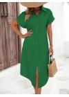 Kadın Kısa Kollu Yakalı Düğme Detay Midi Dokuma Elbise