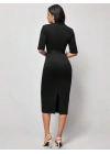 Kadın Kısa Kollu Yakalı Kruvaze Yakalı Beli Kemerli Midi Modal Elbise