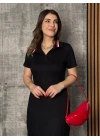 Kadın Kısa Kollu Yakalı Yırtmaçlı Midi Viskon Iki Iplik Elbise
