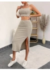 Kadın Kolsuz Askılı Crop Yırtmaçlı Midi Etek Fitilli Kaşkorse Takım