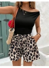 Kadın Kolsuz Bisiklet Yaka Viskon Bluz Ve Leopar Desenli Kısa Modal Short Ikili Takım