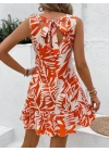 Kadın Sıfır Kollu Bisiklet Yakalı Fırfırlı Desenli Sofya Elbise