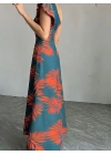 Kadın Tek Omuzlardan Açık Yırtmaçlı Uzun Desenli Elbise