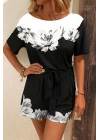 Kadın Tek Omuzu Açık çiçek Desenli Beli Kuşaklı Iki Iplik Mini Short Tulum