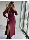 Kadın Uzun Kollu Balıkçı Yaka Derin Yırtmaç Detay Krep Elbise