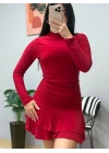 Kadın Uzun Kollu Balıkçı Yaka Mini Fırfırlı Sandy Elbise