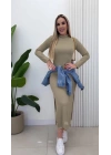 Kadın Uzun Kollu Balıkçı Yakalı Yanlardan Yırtmaçlı Kaşkorse Maxi Elbise