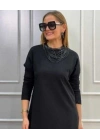 Kadın Uzun Kollu Bisiklet Yaka Etek Ucu Deri Dantelli Viskon Iki Iplik Midi Elbise
