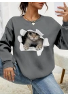 Kadın Uzun Kollu Bisiklet Yaka Kedi Desenli Viskon Iki Iplik Bluz